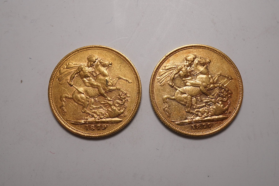 Australia gold coins, Victoria, two gold sovereigns, 1877M, VF and 1879M, VF
